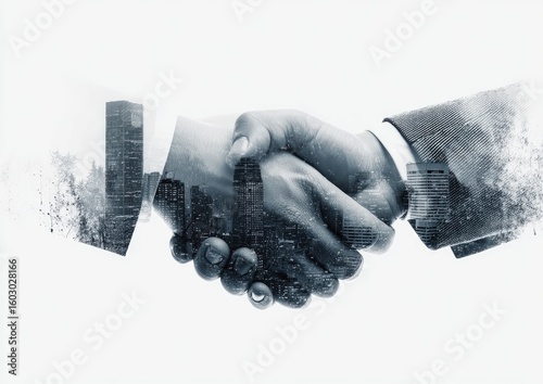 A grayscale business handshake with superimposed cityscapes