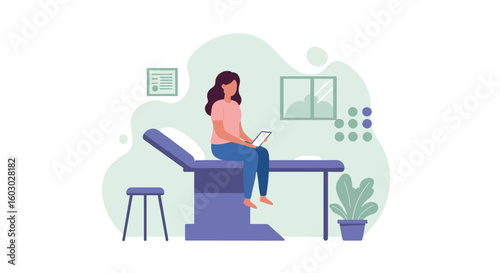 Woman on exam table in modern clinic setting with tablet