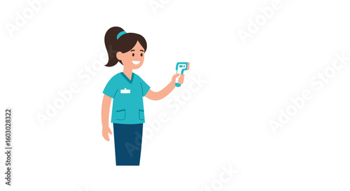 Smiling nurse holding thermometer in hand drawn cartoon style on white