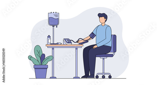 Person monitoring blood pressure at desk with medical equipment in mod