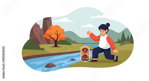 Hiking Adventures At Beautiful Natural Landscape Vector Illustration