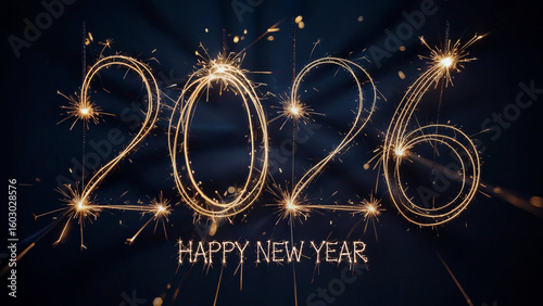 Sparkling golden numbers of the year 2026 illuminated by bright fireworks and celebratory light trails against a dark background