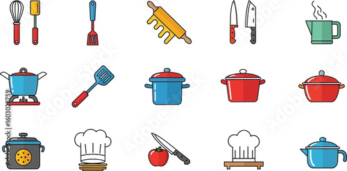 Collection of kitchenware icons showcases cooking utensils like pots, knives, spatulas, rolling pin, chef's hat, and a steaming kettle, perfect for culinary designs.