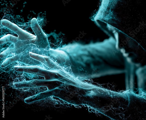 the visual presents a figure in a dark background with glowing, particle like effects emanating from the subject