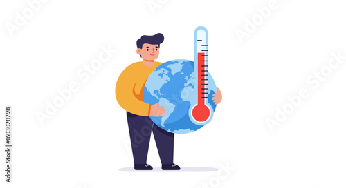 Global warming awareness: man holding earth with thermometer graphic