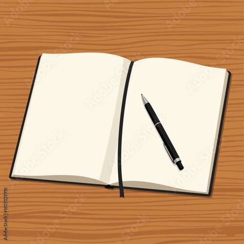 An open notebook with blank pages and a black pen resting on top of it on a wooden surface texture