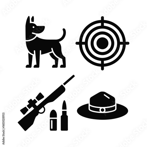 Minimalist hunting icons set with dog, target, bullet, scope, and ranger hat in black and white vector style