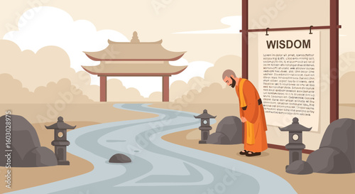 Monk Seeking Wisdom In Ancient Temple On Serene Landscape