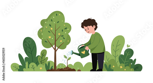 Child watering plant in lush greenery