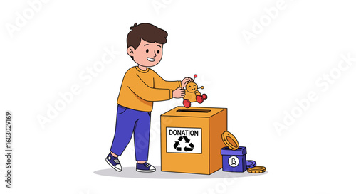Child donating toy robot to charity donation box