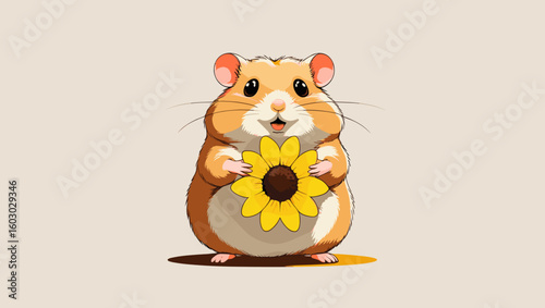 Cute cartoon hamster holding sunflower with joyful expression on neutral background for pets lovers