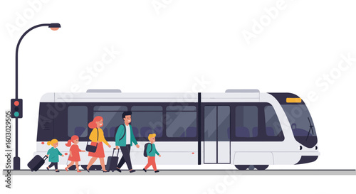 Family crossing street in front of modern city tram with luggage