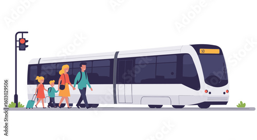 Modern family crossing street in front of urban tram