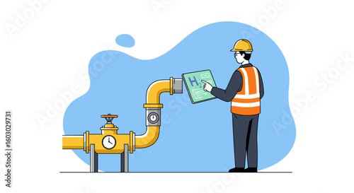 Engineer in safety gear monitoring hydrogen pipeline on tablet