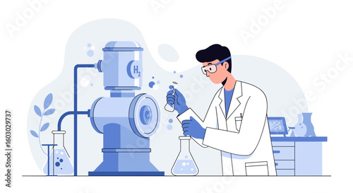 Scientist conducting hydrogen experiment in laboratory with modern equ
