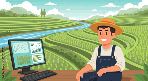 Bild auf Leinwand Farmer Using Technology For Data Analysis On A Rice Terrace