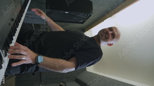 Man dancing playing synthesizer in soundproof studio, joyful creative mood, music production, modern musician at work. Vertical video.