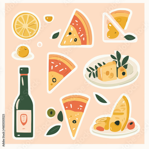 Collection of flat Italian food stickers in bold colors including pasta, pizza, cheese, lemon, and limoncello, ideal for printable DIY kits and decorative use