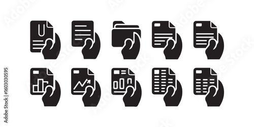 Collection of black document and folder icons being held by hands in a white background