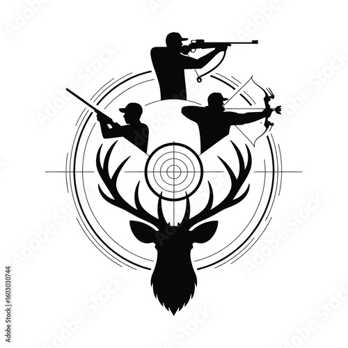 Set of hunting silhouettes with rifle, bow, antlers, and target icons in vector style isolated black and white