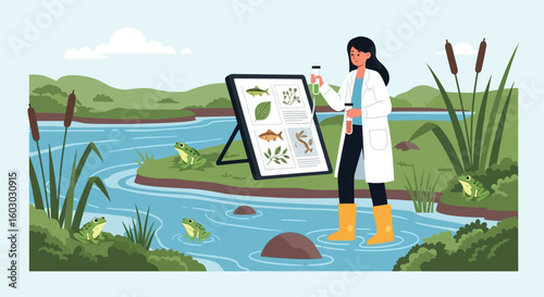 Scientist Analyzing River Ecology In Natural Environment Illustration