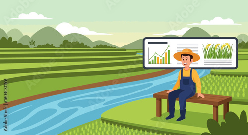 Farmer Analyzing Crop Yields in a Rice Field