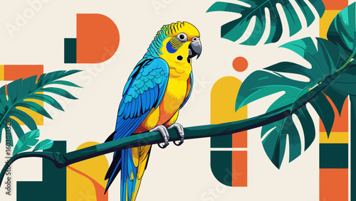 Colorful illustration of a parrot perched on branch surrounded by tropical leaves and geometric shapes on soft background