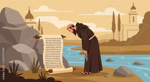 Medieval Scholar Reading Ancient Scroll Near River Landscape