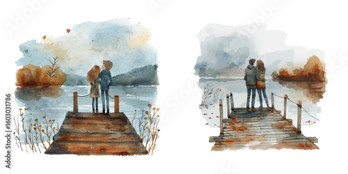 romantic couple on lake dock watercolor vector illustration