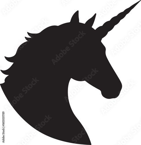 A graceful black silhouette of a unicorn head with a prominent horn, symbolizing magic, fantasy, purity, and dreams, ideal for enchanting and whimsical design projects