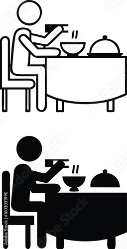 Eating Icons. Black and White Vector Icons. Man Eating Hot Soup With Spoon. Customer In Public Catering Establishment. Ready Meal On Table And Man Sitting On Chair. Restaurant Concept
