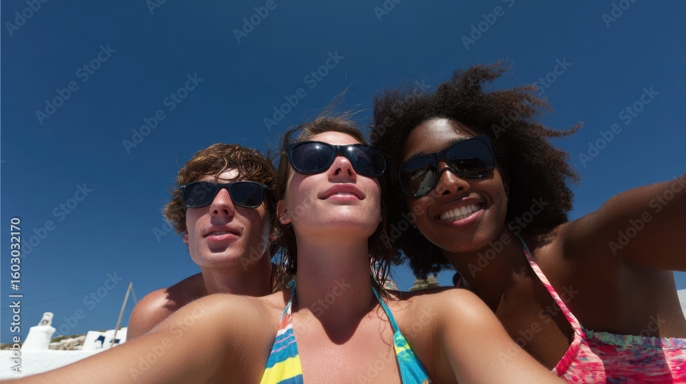Three young adults wearing sunglasses smiling happily outdoors Three young adults wearing sunglasses smiling happily outdoors