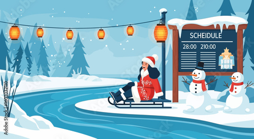Girl Enjoying Sleigh Ride In Winter Wonderland With Festive Lanterns