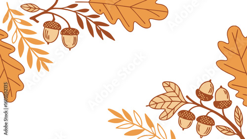 A decorative autumn frame featuring leaves and acorns isolated on white background adds a touch of seasonal charm to any design