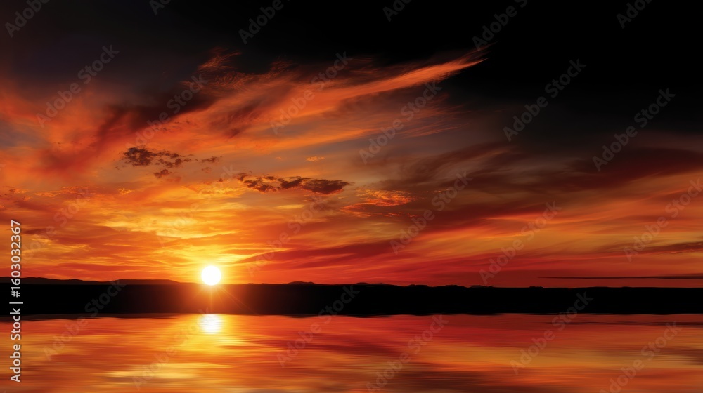 Fototapeta premium Sunset over calm water with vibrant orange and red sky