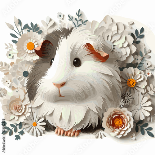 Charming 3D illustration of a guinea pig surrounded by delicate flowers and leaves in soft pastel colors for decorative art
