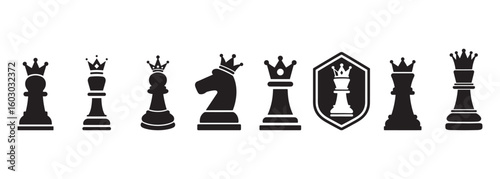 Black Vector Chess Piece Icons Including Pawns, Kings, Knight, Rooks, and Queen in Shield
