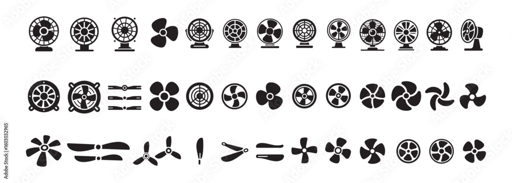 Obraz premium Black and White Icon Grid of Fans and Fan Blades Including Desk, Floor, and Propeller Designs