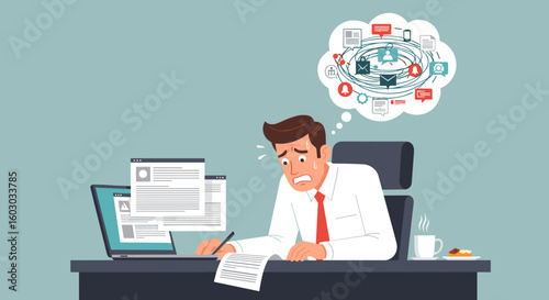 Stressed Businessman Overwhelmed by Work at Desk: Office Illustration of Anxiety and Pressure