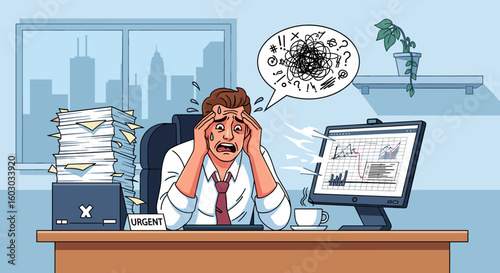 Stressed businessman overwhelmed with work at office desk with cityscape background