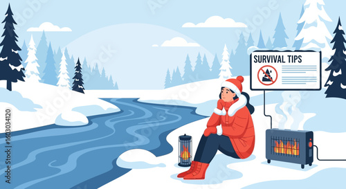 Cold Day In Winter Landscape Needing Survival Tips Concept Illustration