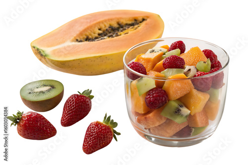 Ripe papaya and glass container with pieces Png Image