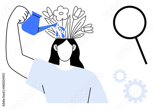 Person watering head with flowers growing, symbolizing growth. Includes magnifying glass and gears. Ideal for creativity, self-improvement, problem-solving, knowledge, mindfulness, innovation