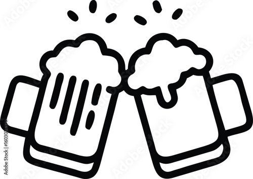 Two outline beer mugs clinking together with foam and bubbles isolated on transparent background