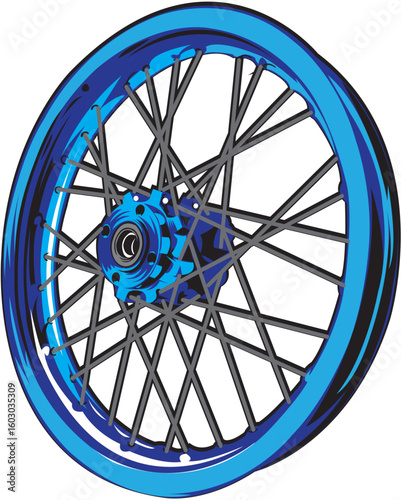 Detailed illustration of a blue motorcycle wheel, perfect for design and engineering purposes