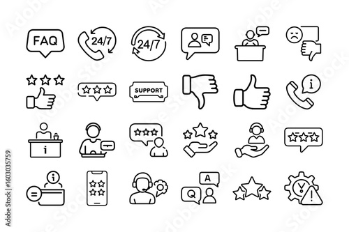 Customer Support & Feedback Vector Icon Set. 24/7 Service, Support, FAQ, Feedback, Review, Ratings, Call Center, Help Desk, Phone, Online Chat, and More. Editable Line Icons. Vector Illustration.