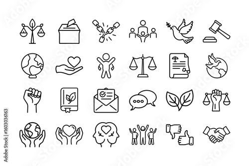 Ethics & Justice Vector Icon Set. Law, Fairness, Equality, Human Rights, Social Justice, Legal, Court, Rights, Justice Scales, Justice, Humanitarian, and More. Editable Line Icons. Vector Illustration