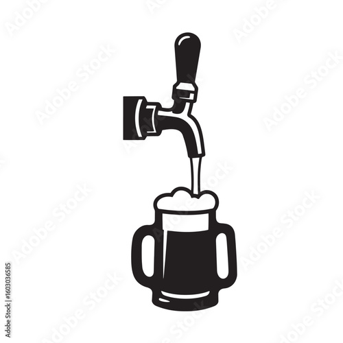 A classic illustration of a draft beer tap pouring into a frothy beer mug showcasing vintage art and a simplistic design for branding.