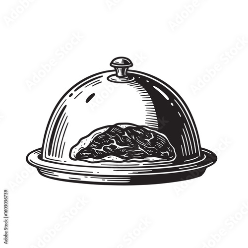 A classic vintage art illustration of a cloche dish revealing a generous portion of beautifully cooked meat served on a plate ready to be enjoyed