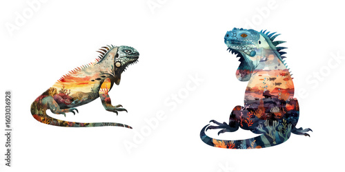 silhouette marine iguana with underwater scene inside watercolor vector illustration